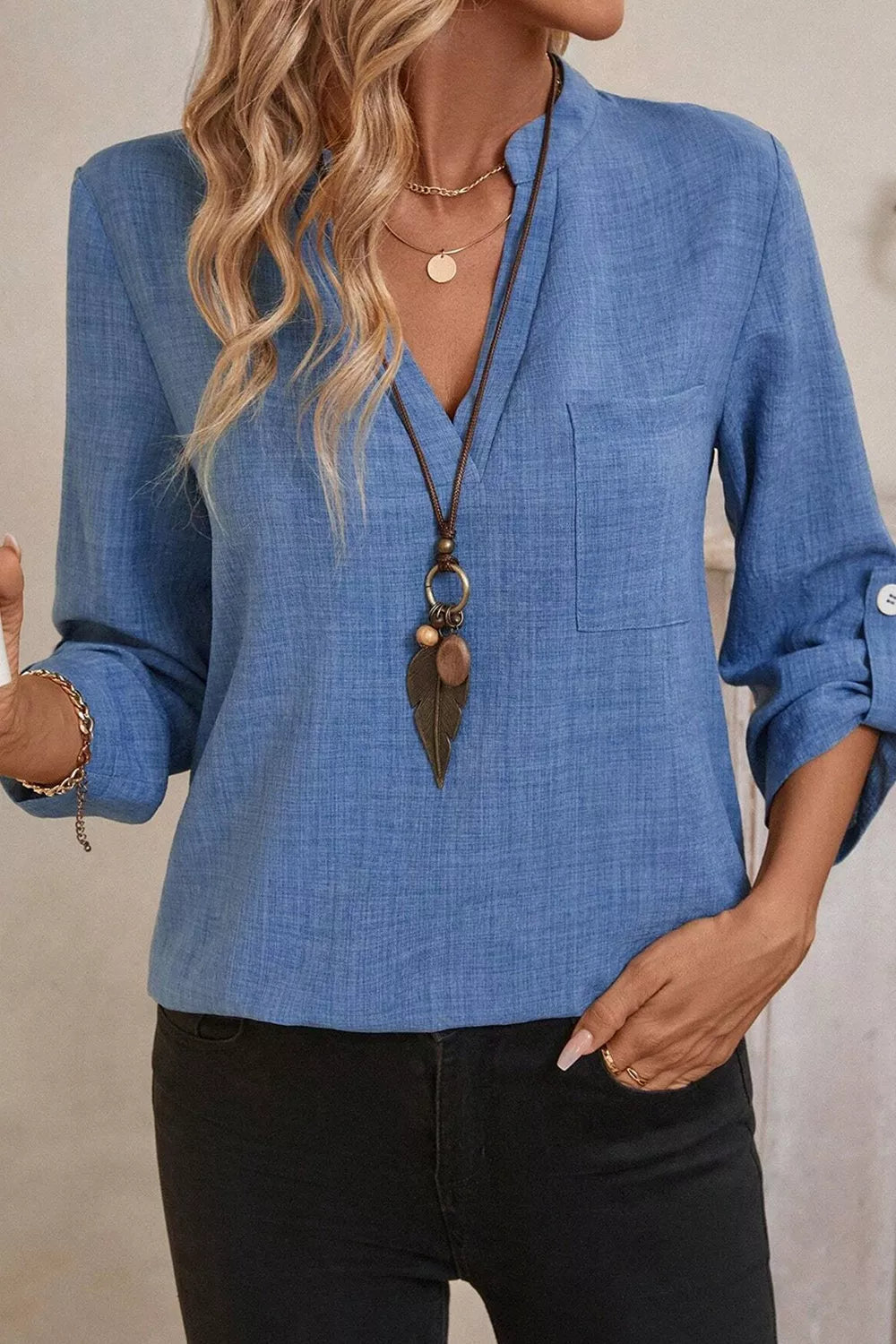 Classic Roll-Up Sleeve Notched Collar Blouse with Pocket Detail