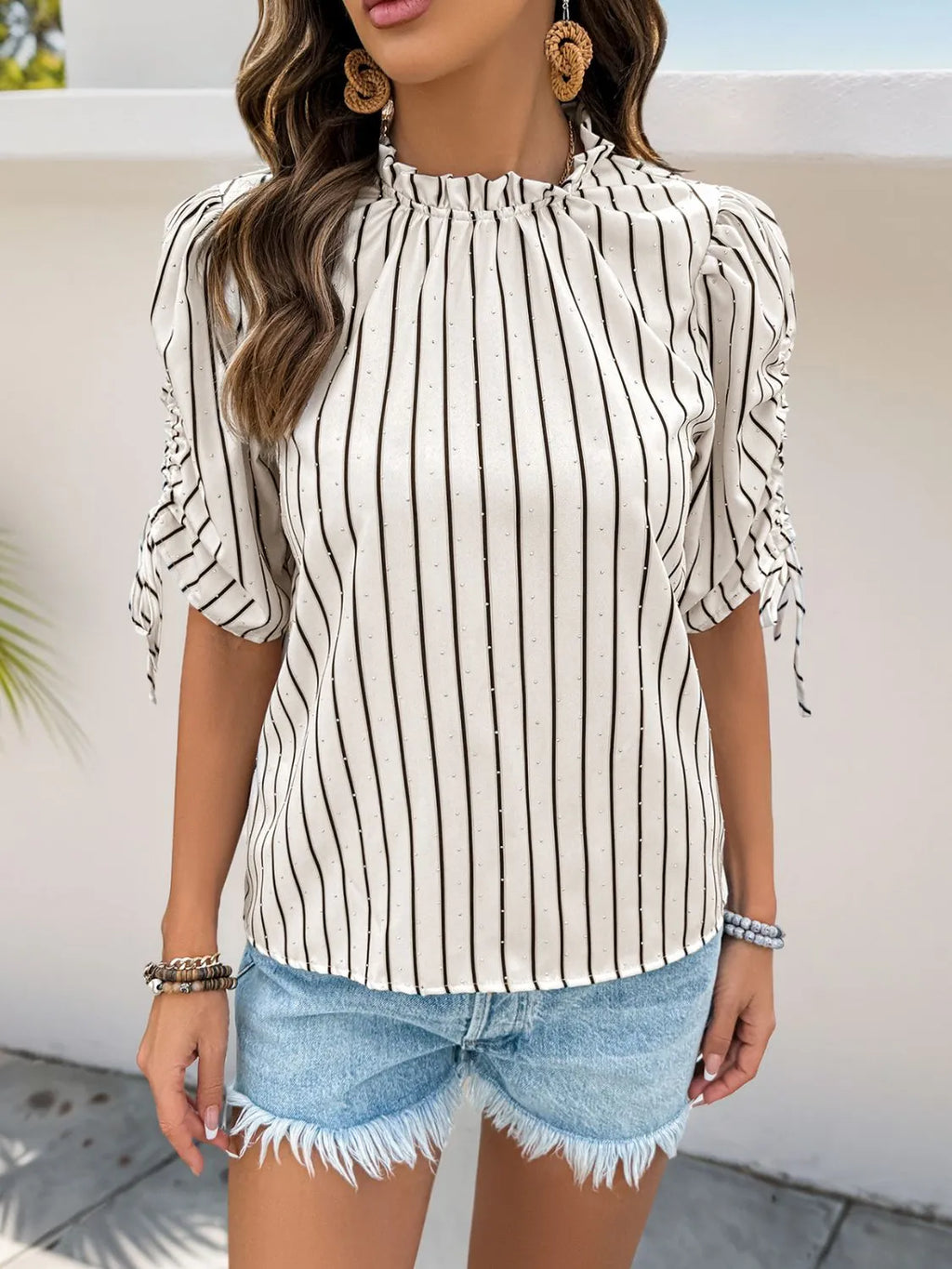 Striped Half Sleeve Blouse with Drawstring & Button Detail
