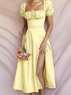 Full-Size Ruched Tie-Waist Slit Midi Dress