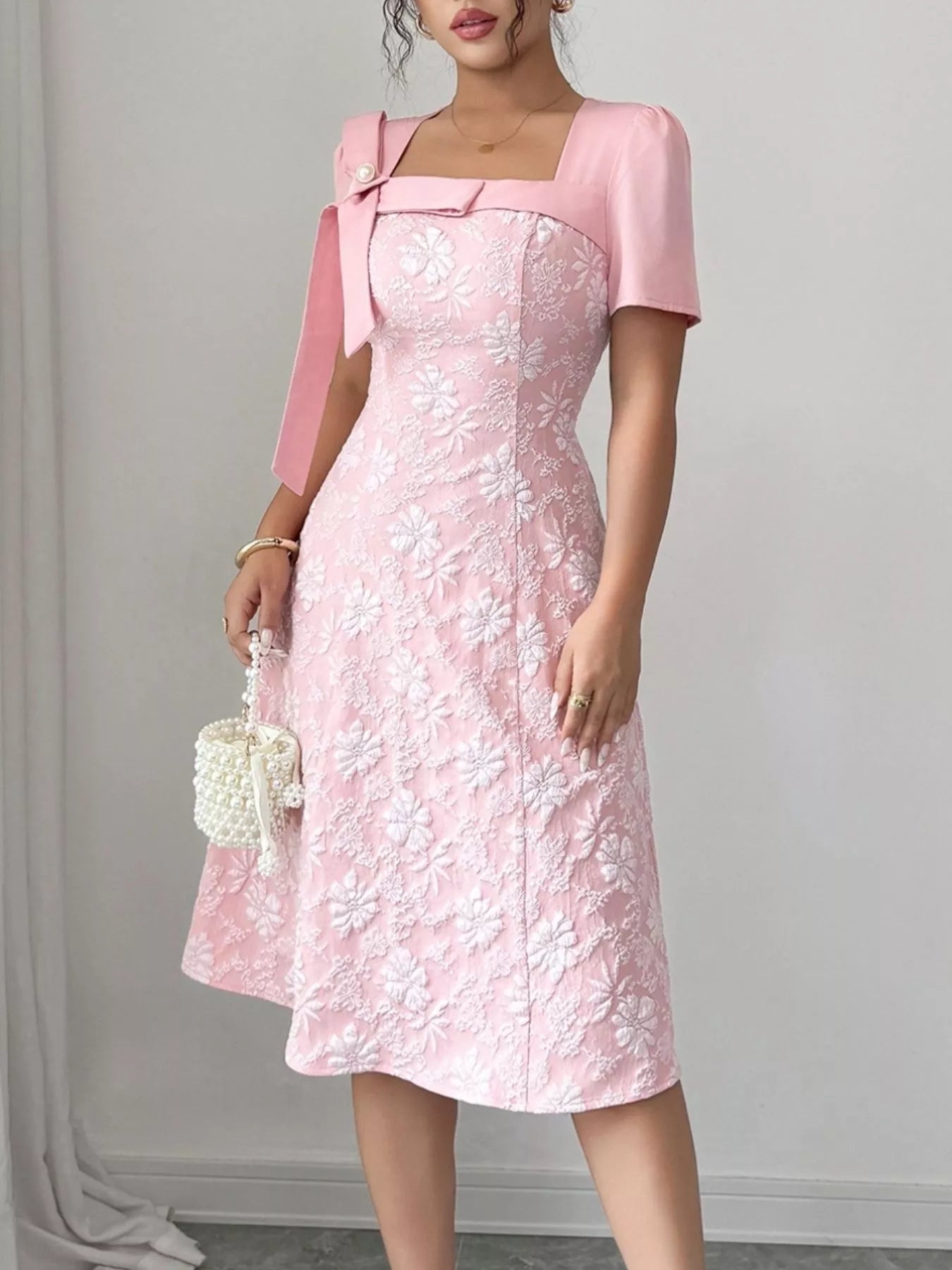 Bow Detail Square Neck Short Sleeve Midi Dress Blush Pink
