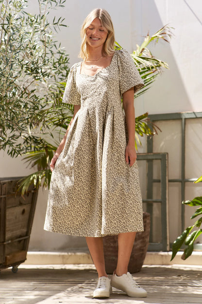 Jade By Jane Bell Sleeve Leopard Print Midi Dress Cream