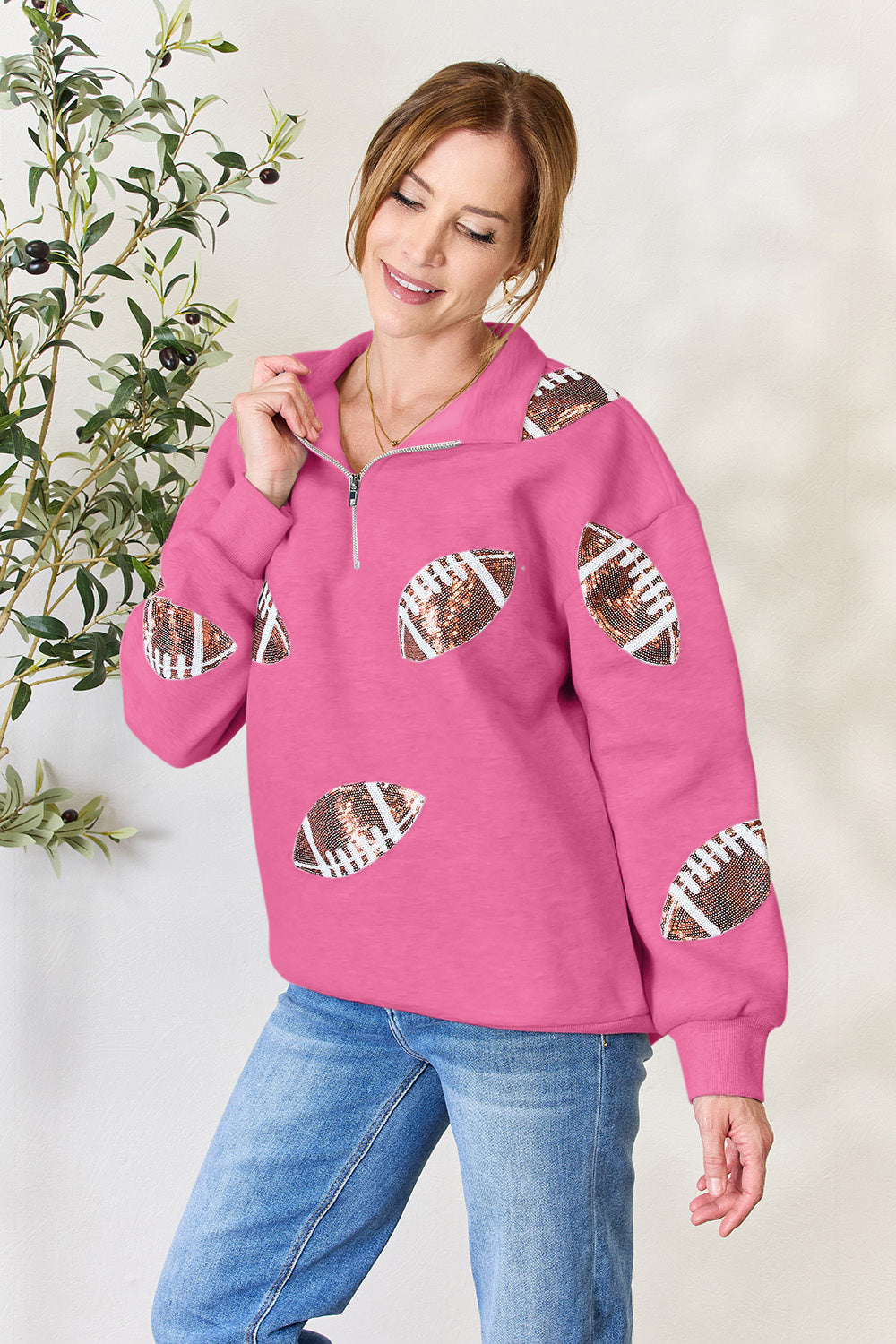 Full Size Sequin Football Half Zip Long Sleeve Sweatshirt Hot Pink