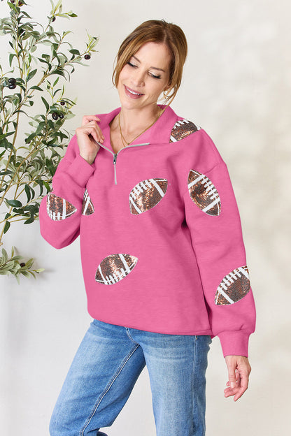 Full Size Sequin Football Half Zip Long Sleeve Sweatshirt Hot Pink