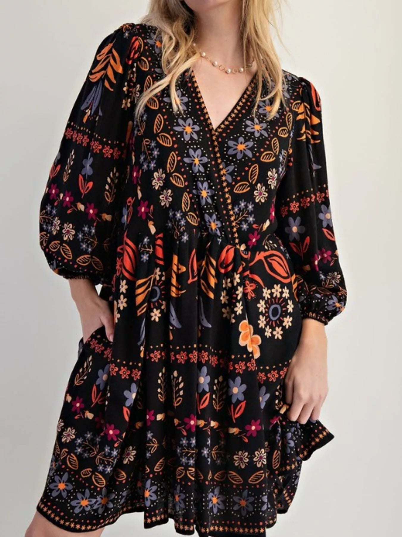Bohemian Floral Print Ruched Long Sleeve Pocketed Mini Dress Black