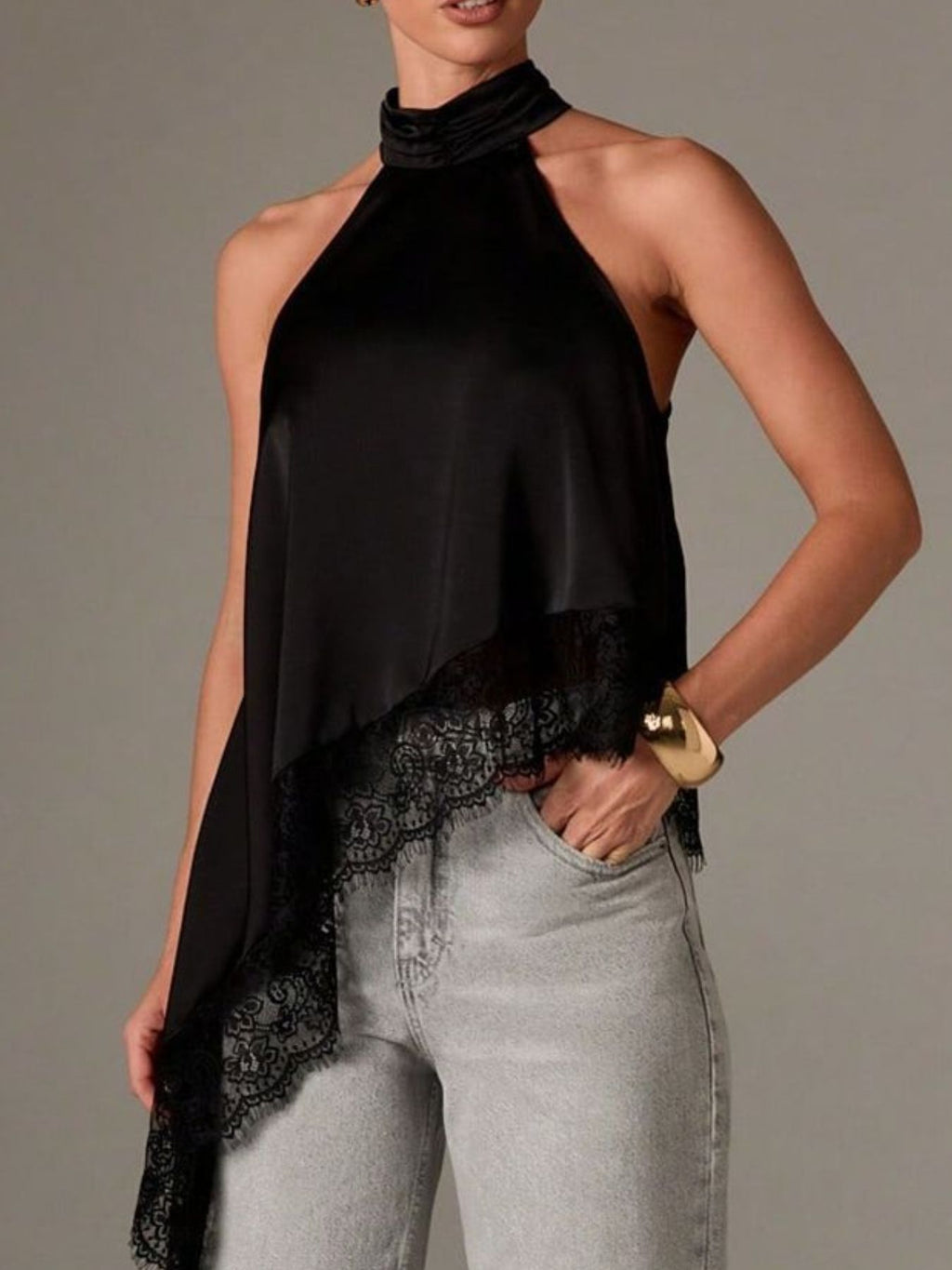 Asymmetrical Lace-Trim Halter Neck Cami Top