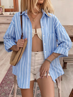 Relaxed Fit Striped Oversized Button-Down Cotton Blend Shirt