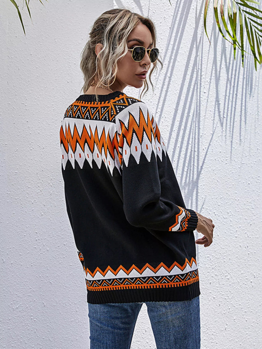 Cozy Geometric V-Neck Patterned Knit Sweater