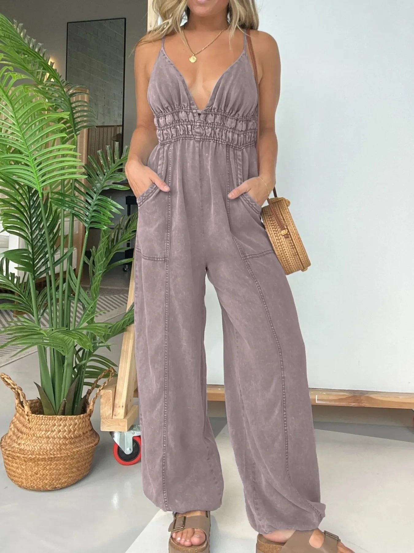 Full Size Wide-Leg Spaghetti Strap Jumpsuit – Plus Size Purple Gray