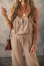 Knotted Straps Button Textured Drawstring Jumpsuit