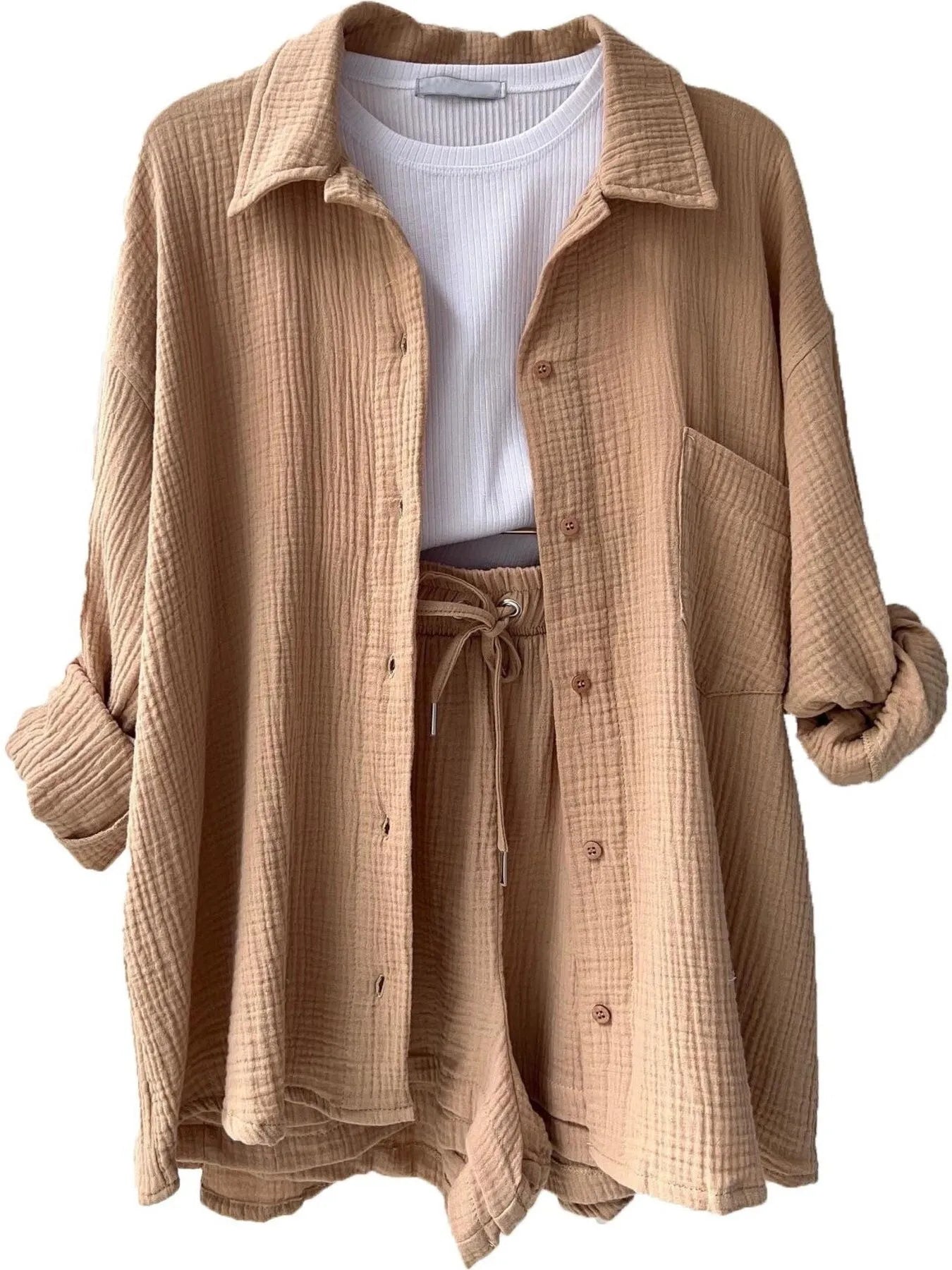 Chic Textured Button-Up Shirt & Shorts Two-Piece Set Khaki