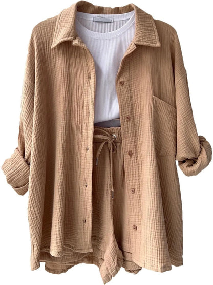 Chic Textured Button-Up Shirt & Shorts Two-Piece Set Khaki