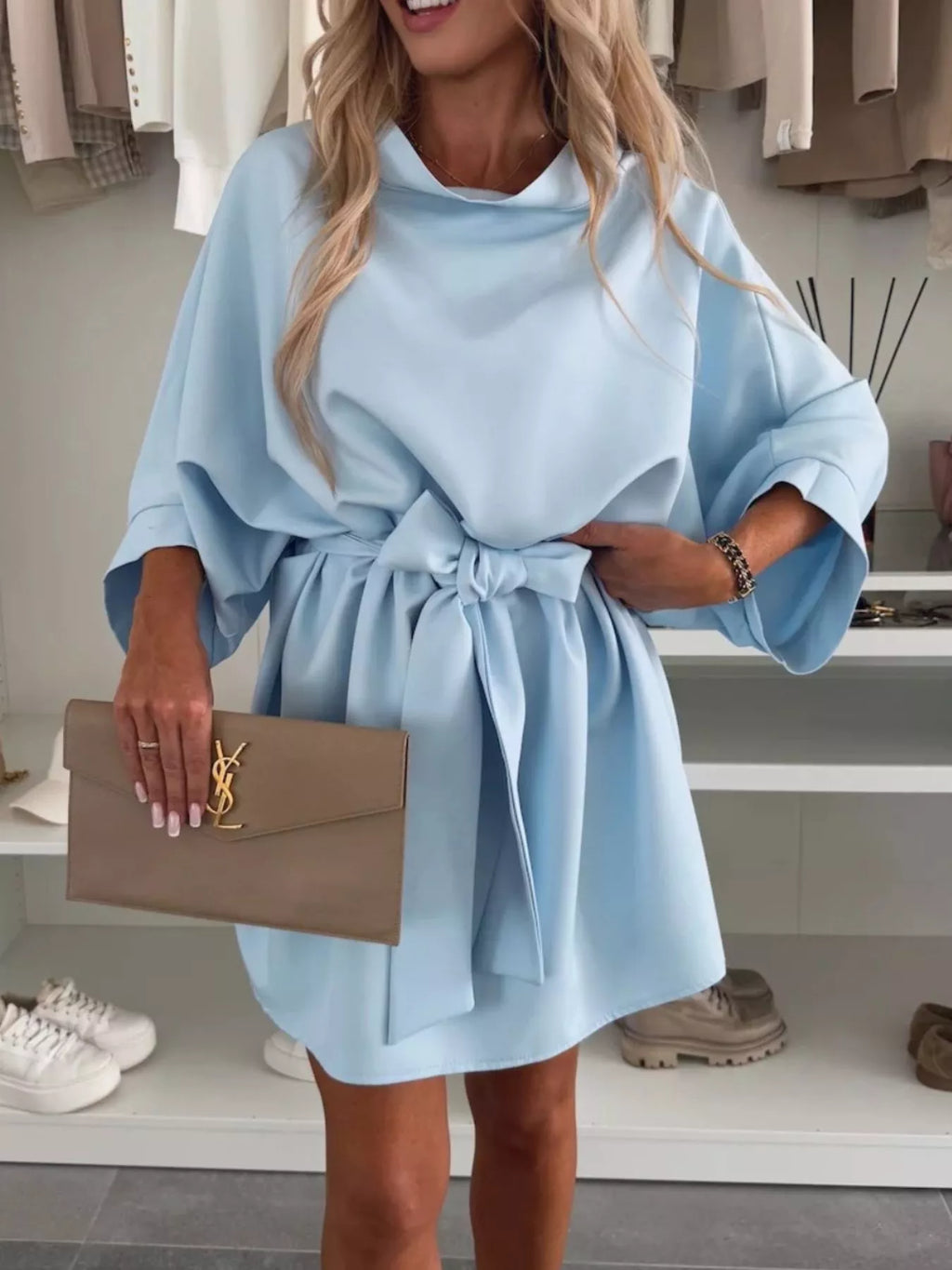 Batwing Sleeve Tie-Waist Mini Dress Light Blue