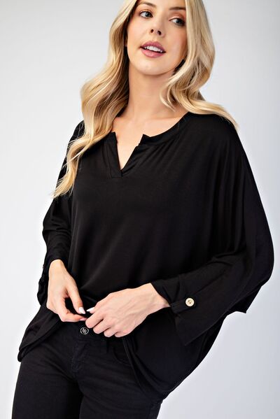 Celeste Full Size Notched Three-Quarter Sleeve Blouse Black