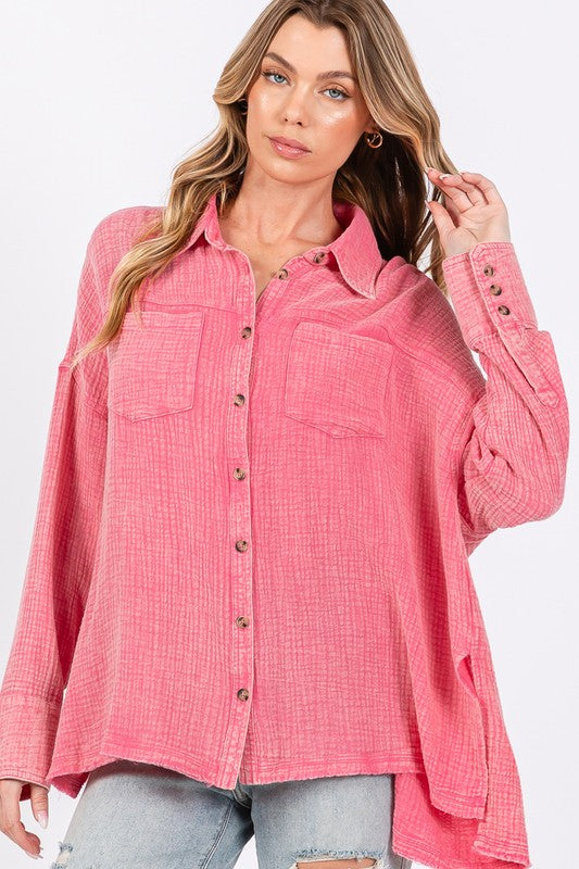 SAGE + FIG Frayed Hem Button-Down Shirt with Side Slits