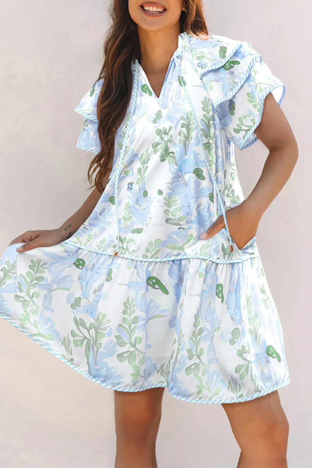 Floral Contrast Edge Mini Dress - Ruffled Short Sleeve Summer Look