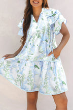 Floral Contrast Edge Mini Dress - Ruffled Short Sleeve Summer Look