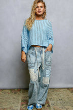 POL Cable-Knit Openwork Cropped Round-Neck Sweater