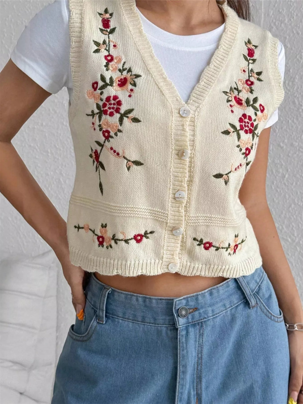 Chic Embroidered Button-Up Sweater Vest – Layer for Every Season