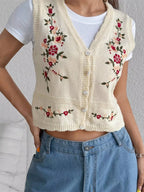 Chic Embroidered Button-Up Sweater Vest – Layer for Every Season