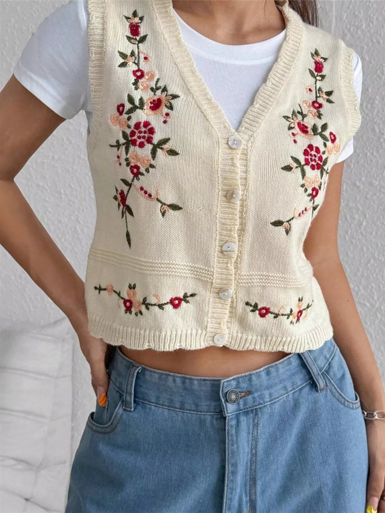 Chic Embroidered Button-Up Sweater Vest – Layer for Every Season