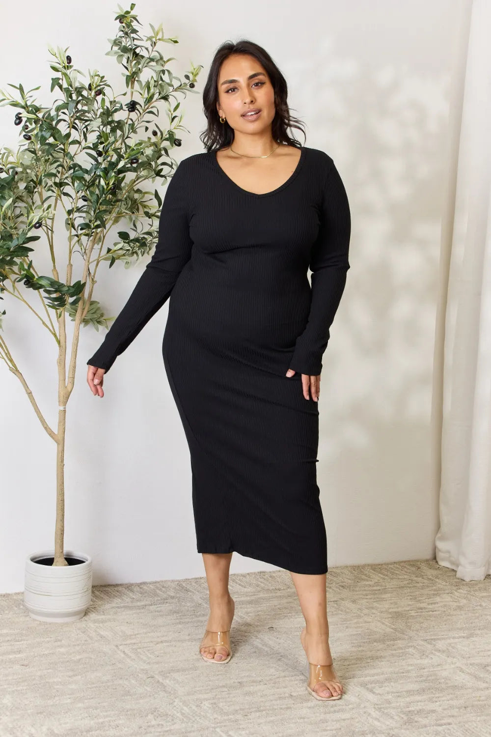 Culture Code Ribbed Slit Midi Dress â€“ Full Size