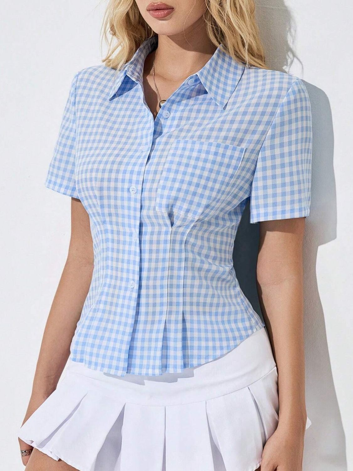 Button Down Short Sleeve Shirt - Versatile & Elegant Light Blue