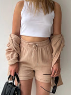 Chic Textured Button-Up Shirt & Shorts Two-Piece Set