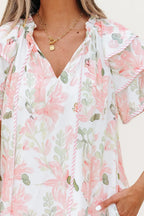 Floral Contrast Edge Mini Dress - Ruffled Short Sleeve Summer Look