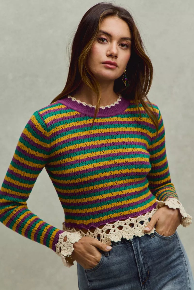 SO ME Mardi Gras Striped Crochet-Trim Cropped Knit Top