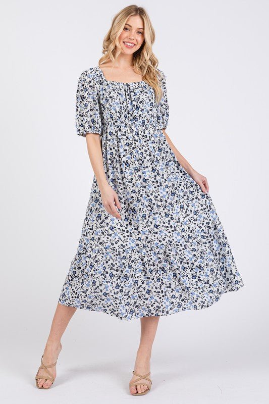 Ces Femme Floral Square Neck Puff Sleeve Midi Dress