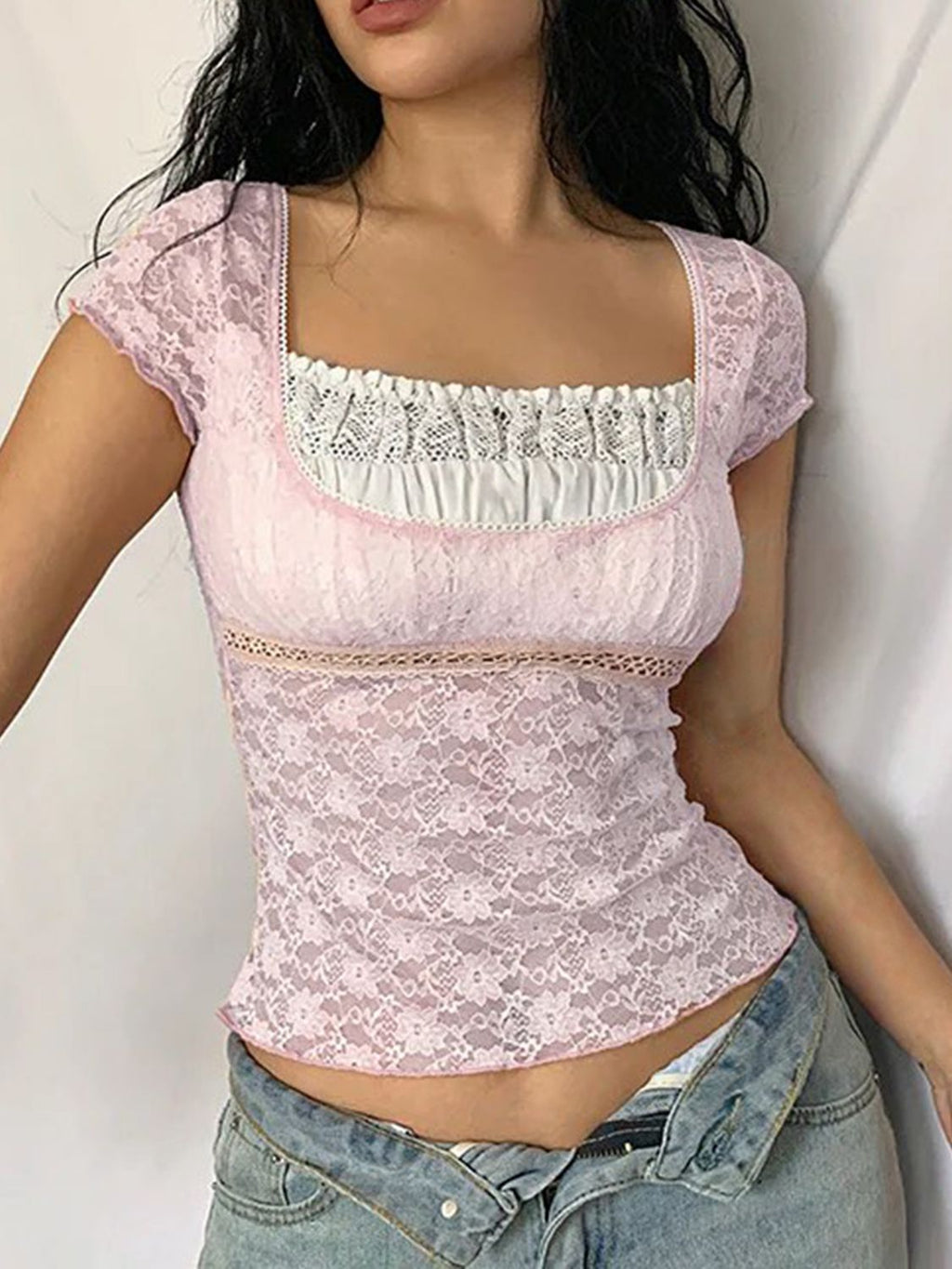 Devine Lace Square Neck Short Sleeve Top - Elegant & Feminine