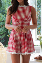 Lace Detail Plaid Sleeveless Romper Ã¢â‚¬â€œ Cotton One-Piece