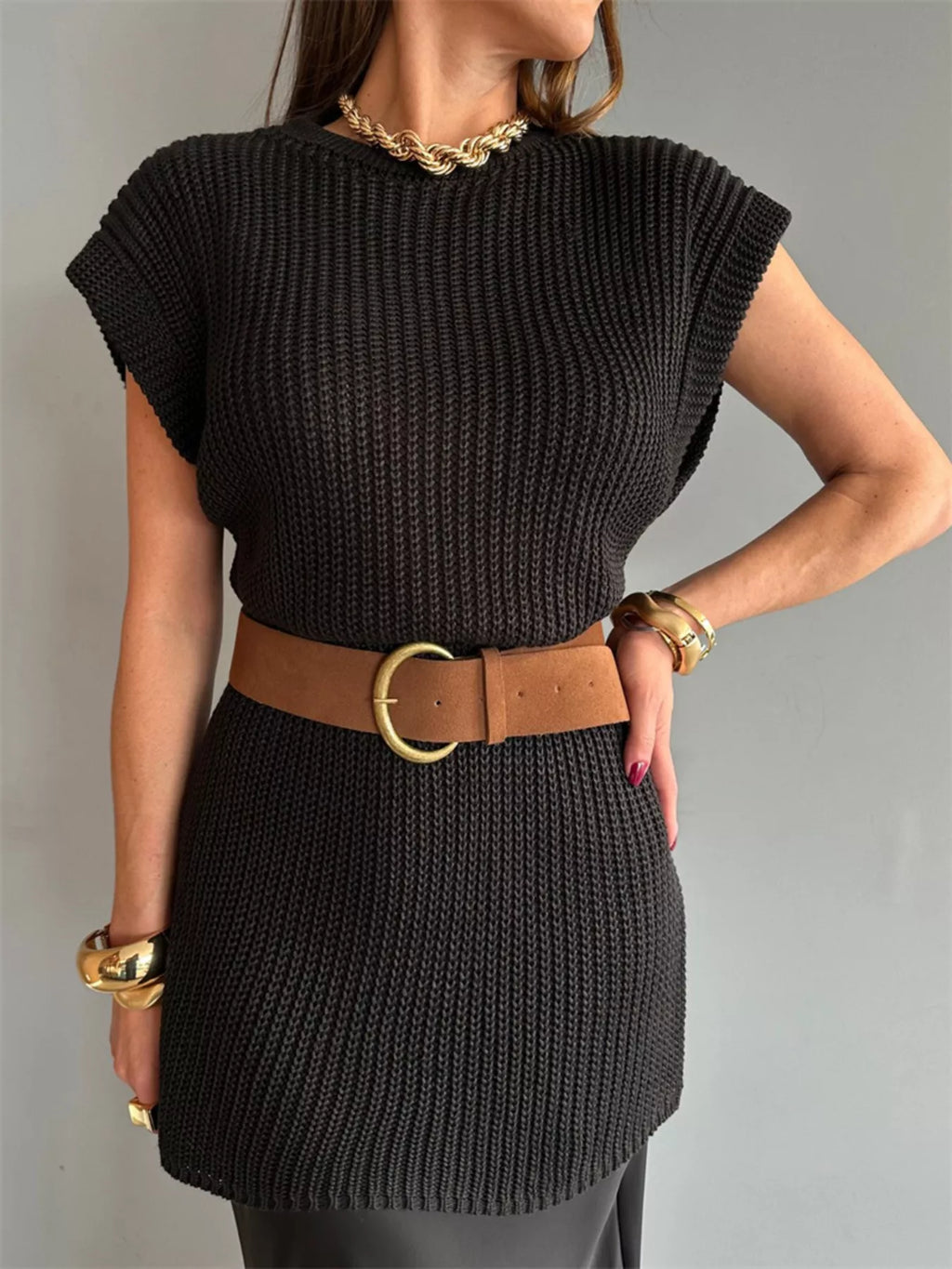Round Neck Cap Sleeve Ribbed Sweater Dress Black