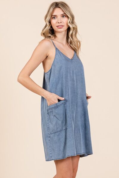 Mittoshop Washed Patch Pocket Mini Cami Denim Dress