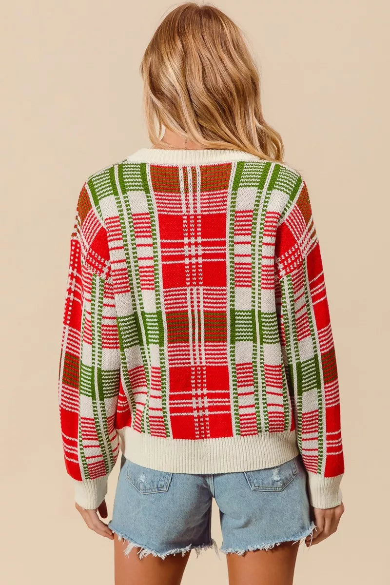 SO ME Festive Christmas Checkered Plaid Crew Neck Sweater