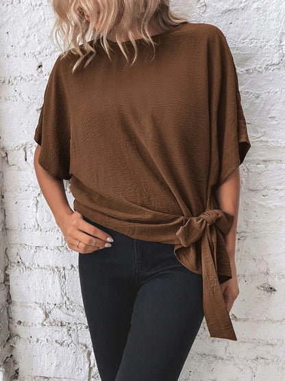 Knotted Round Neck Blouse with Half Sleeves and Button Detail Brown