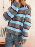 Striped Ribbed Round Neck Long Sleeve Sweater Gray One size