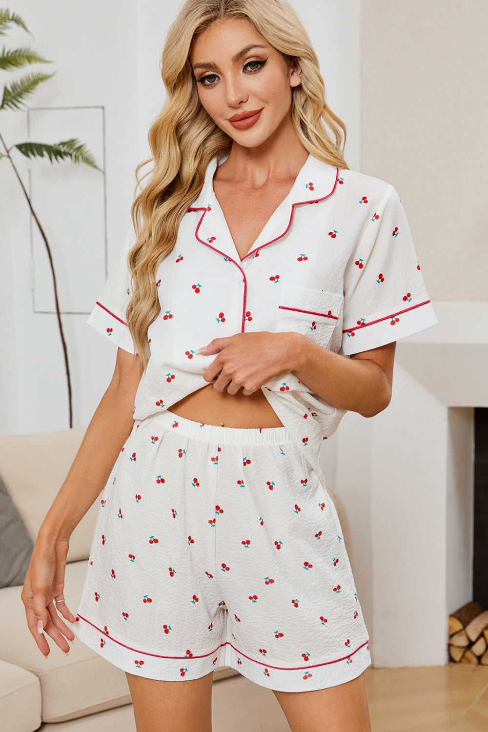 Printed Lounge Set - Collared 2-Piece Style White