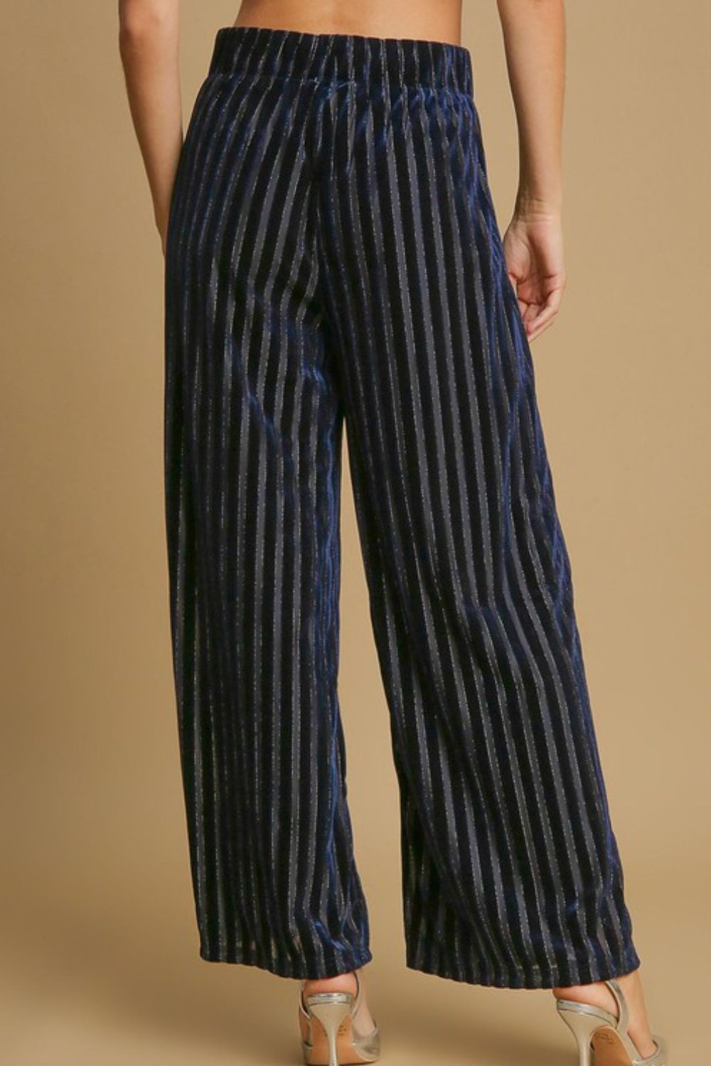 Umgee Striped Wide Leg Velvet Pants with Elastic Waist