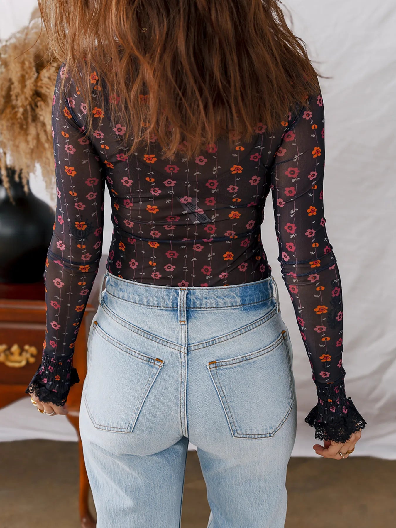 Floral Mesh Bodysuit with Smocked Cuffs – Slim Fit