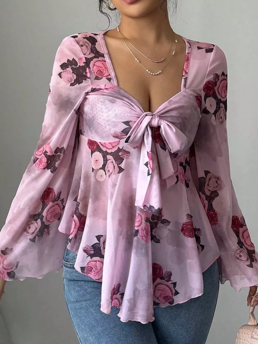 Floral Tie-Front Flare Sleeve Blouse