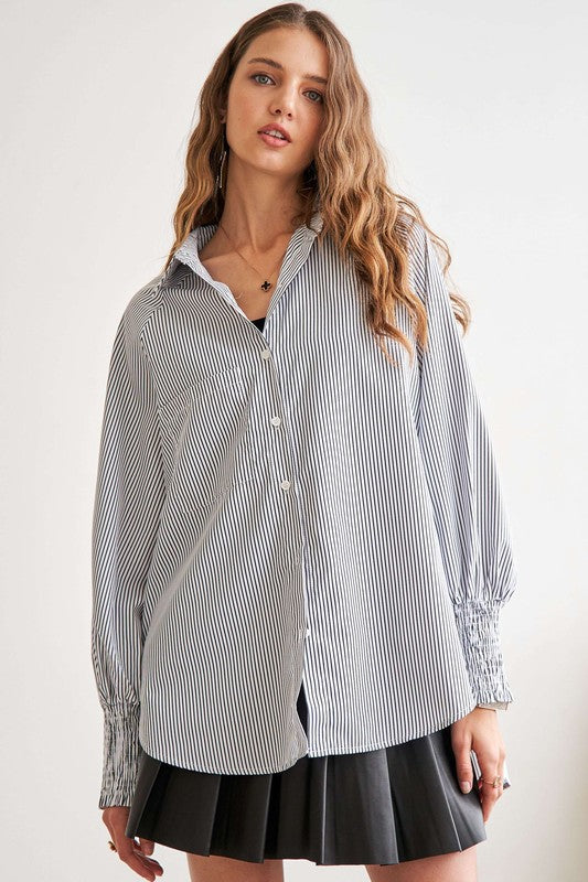 Adora Striped High-Low Smocked Lantern Sleeve Shirt