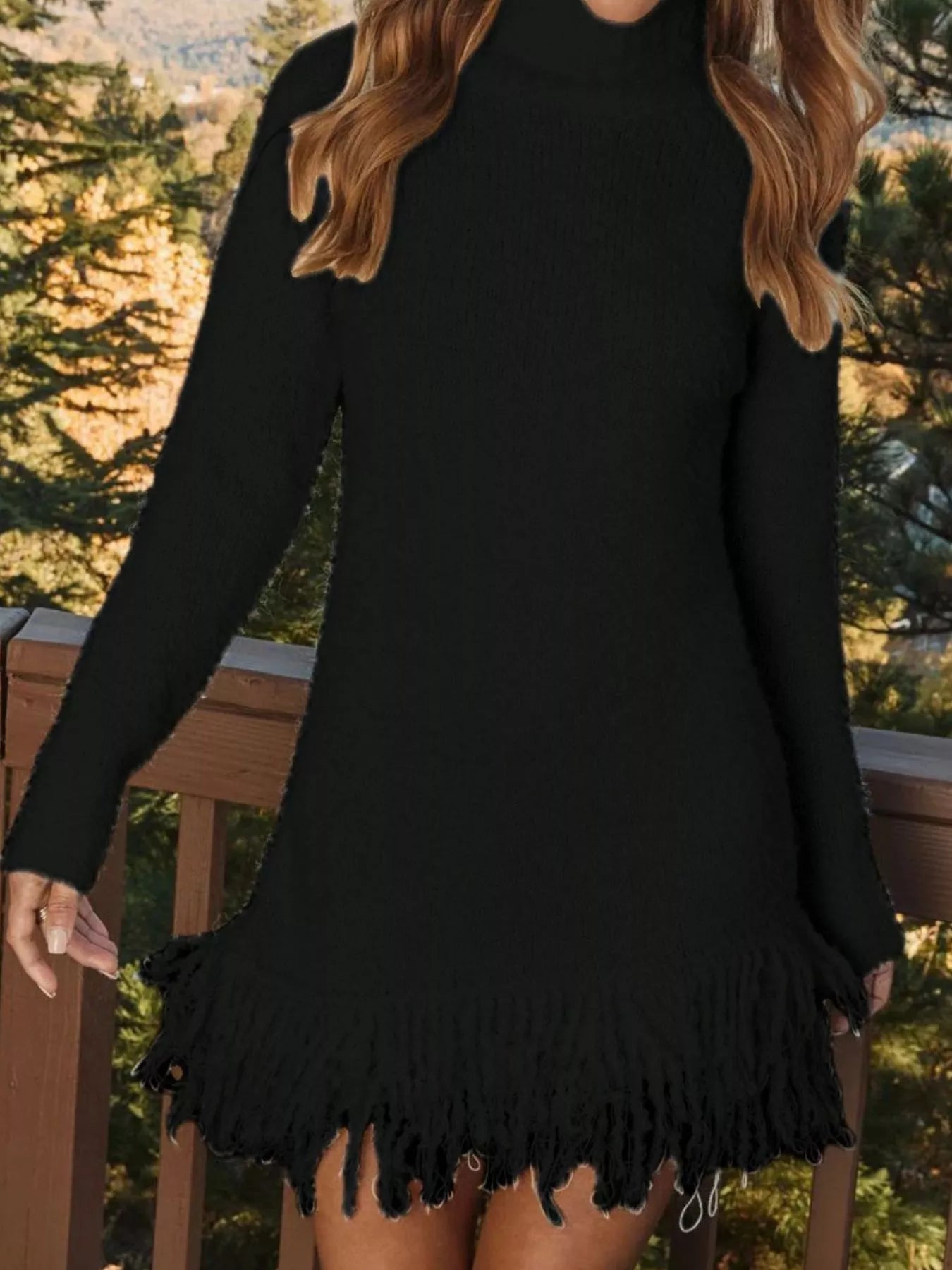 Fringe Detail Turtleneck Long Sleeve Sweater Dress Black