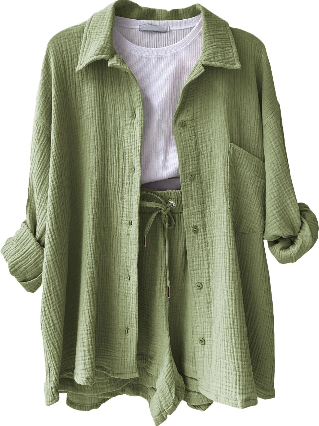 Chic Textured Button-Up Shirt & Shorts Two-Piece Set Light Green