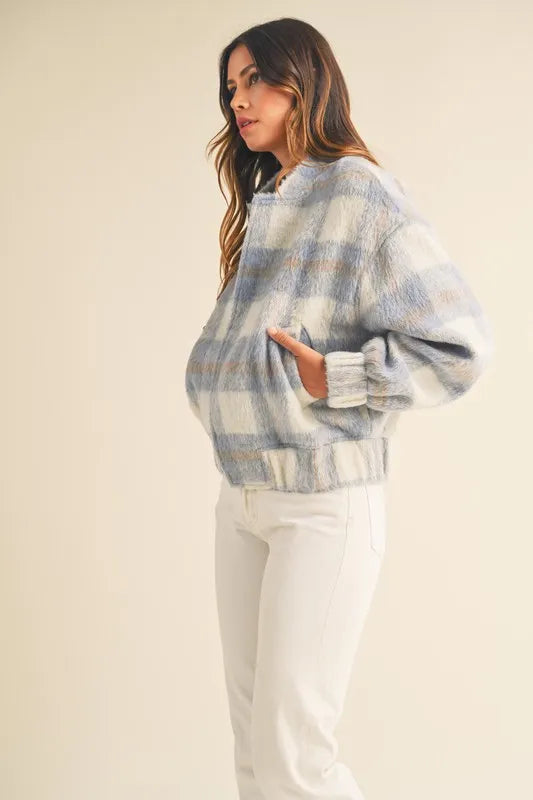 MABLE Plaid Print Fuzzy Bomber Jacket