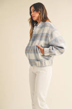 MABLE Plaid Print Fuzzy Bomber Jacket
