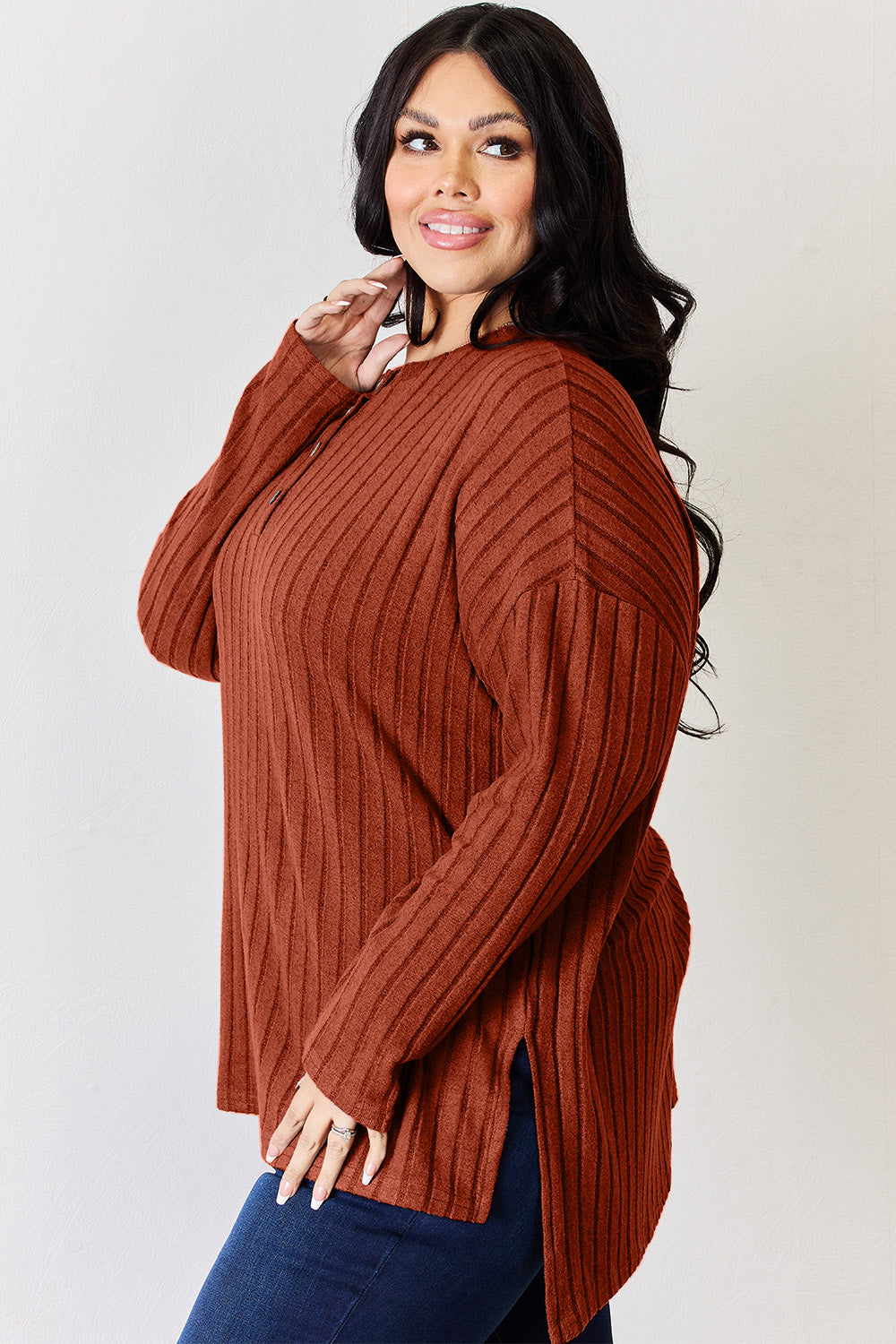 Basic Bae Ribbed Half Button Long Sleeve High-Low T-Shirt