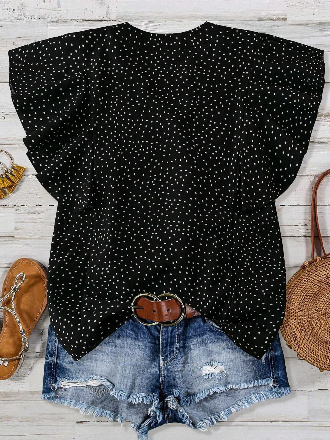 Polka Dot Ruffled Cap Sleeve Blouse - Chic & Feminine