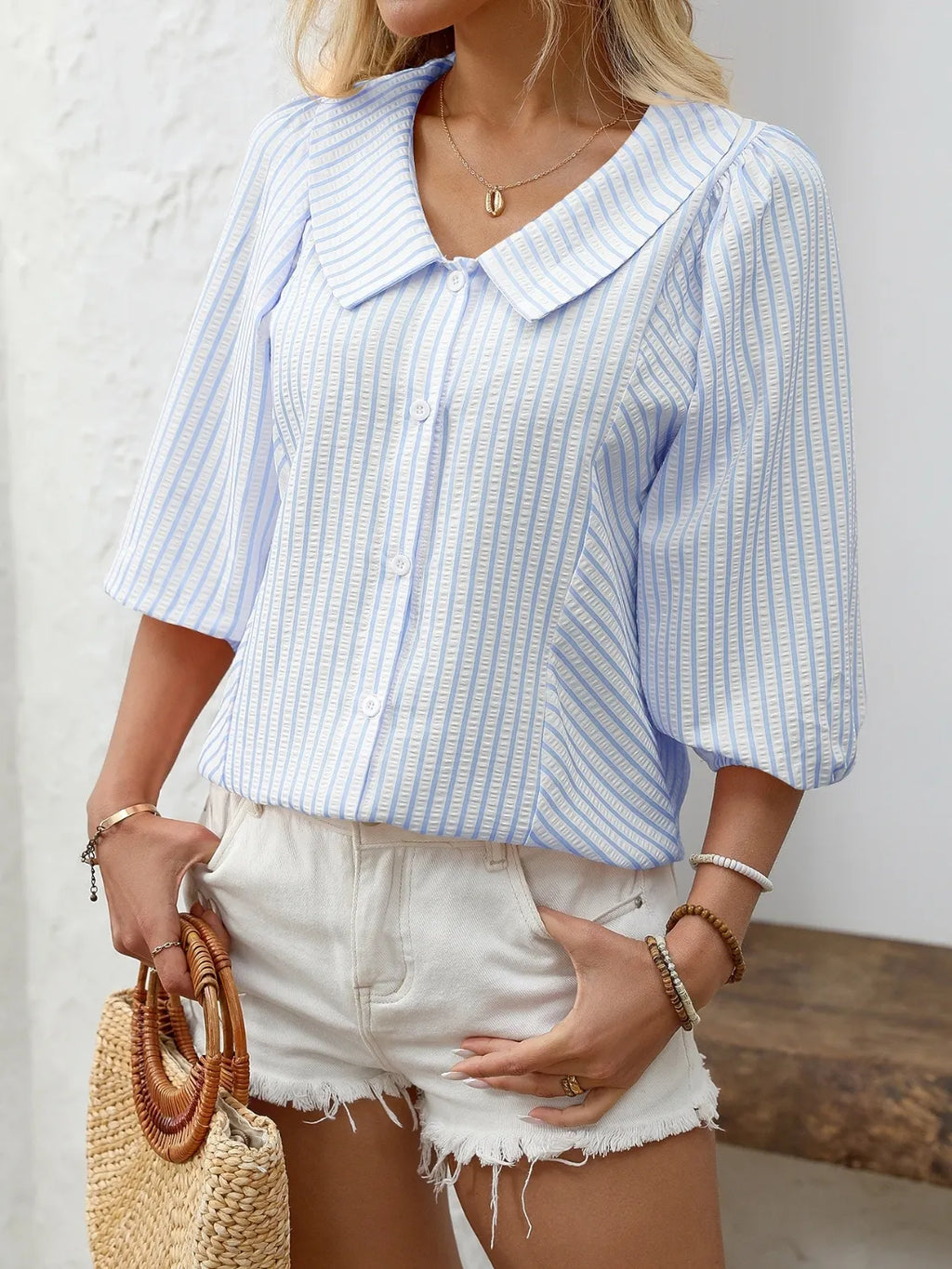 UrbanLine Striped Button Down Shirt - 3/4 Sleeve Style