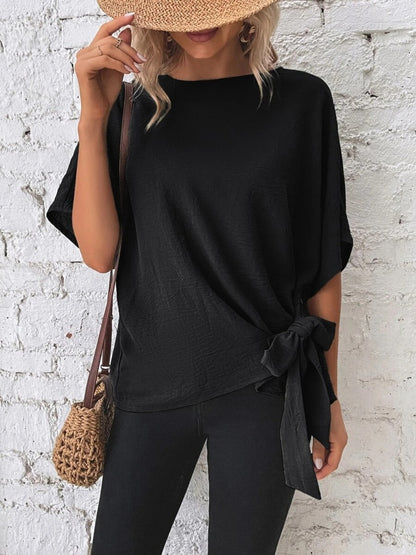 Knotted Round Neck Blouse with Half Sleeves and Button Detail